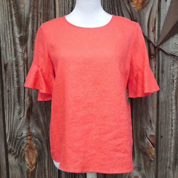 Ruffle Sleeve 100% Linen Blouse For Cynthia Size S Coral Bright Spring Top Shirt - Picture 2 of 9